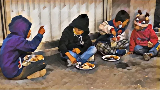 DEVI MACHETE - Four little boys sitting down on the ground together enjoy each other's company and their free meals provided by Contra Viento Y Marea. May 5, 2021. Tijuana, Mexico.