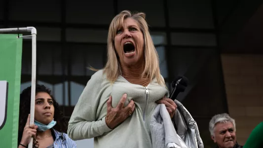 RAQUEL NATALICCHIO. Hundreds of people gathered outside of the U.S. federal courthouse in Downtown Los Angeles to protest the leaked draft opinion that suggests the Supreme Court's potential decision to reverse Roe vs Wade.