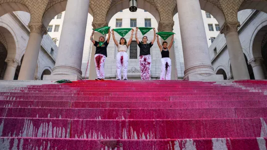RAQUEL NATALICCHIO. Pro-Choice activists handcuffed to each other, chain themselves to the columns of City Hall in Downtown Los Angeles.
