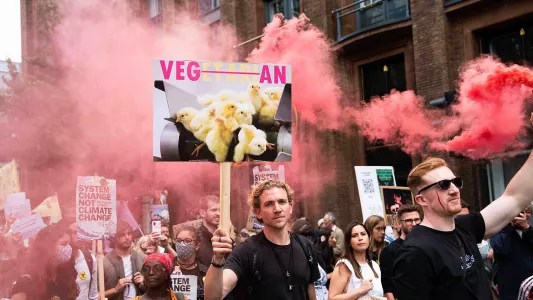 sam davis. Animal and climate justice activists marching outside Smithfield's Meat Market, London 2020